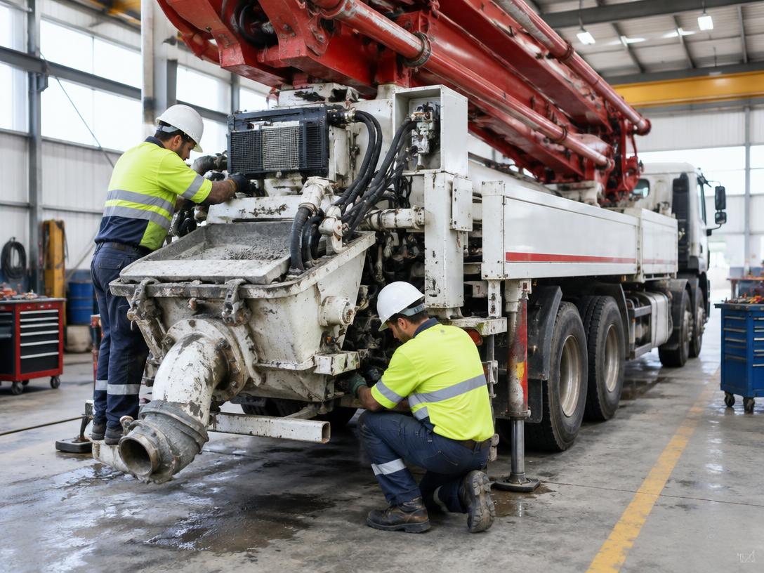 Técnicos realizando mantenimiento a una bomba de hormigón